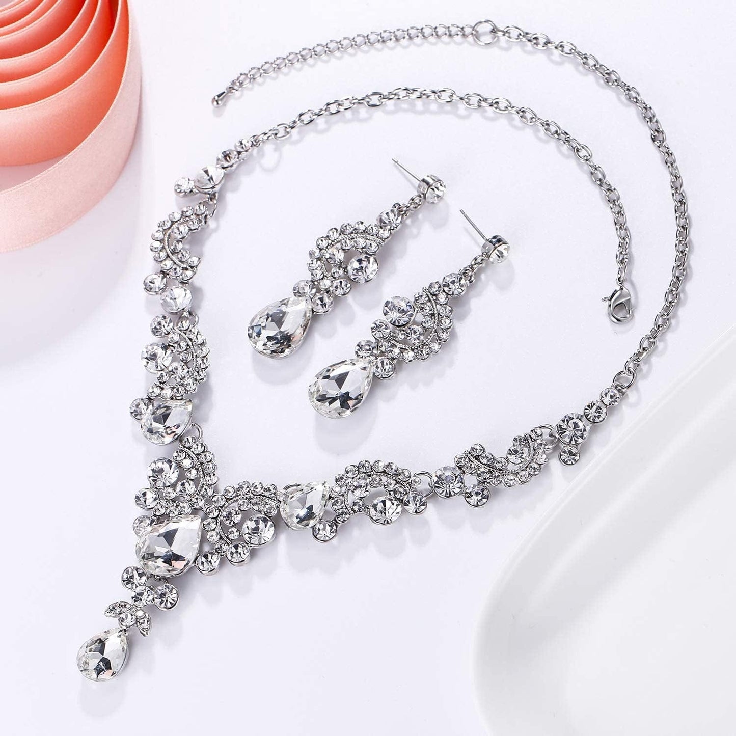 Rhinestone Crystal Bridal Floral Wave Teardrop Necklace Earrings Set