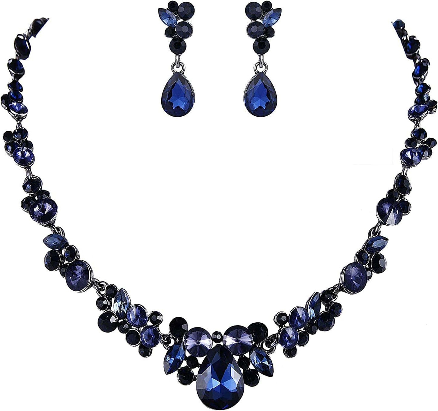 Rhinestone Crystal Elegant Bridal Floral Teardrop Necklace Earrings Set 10_Sapphire Color Black-Tone