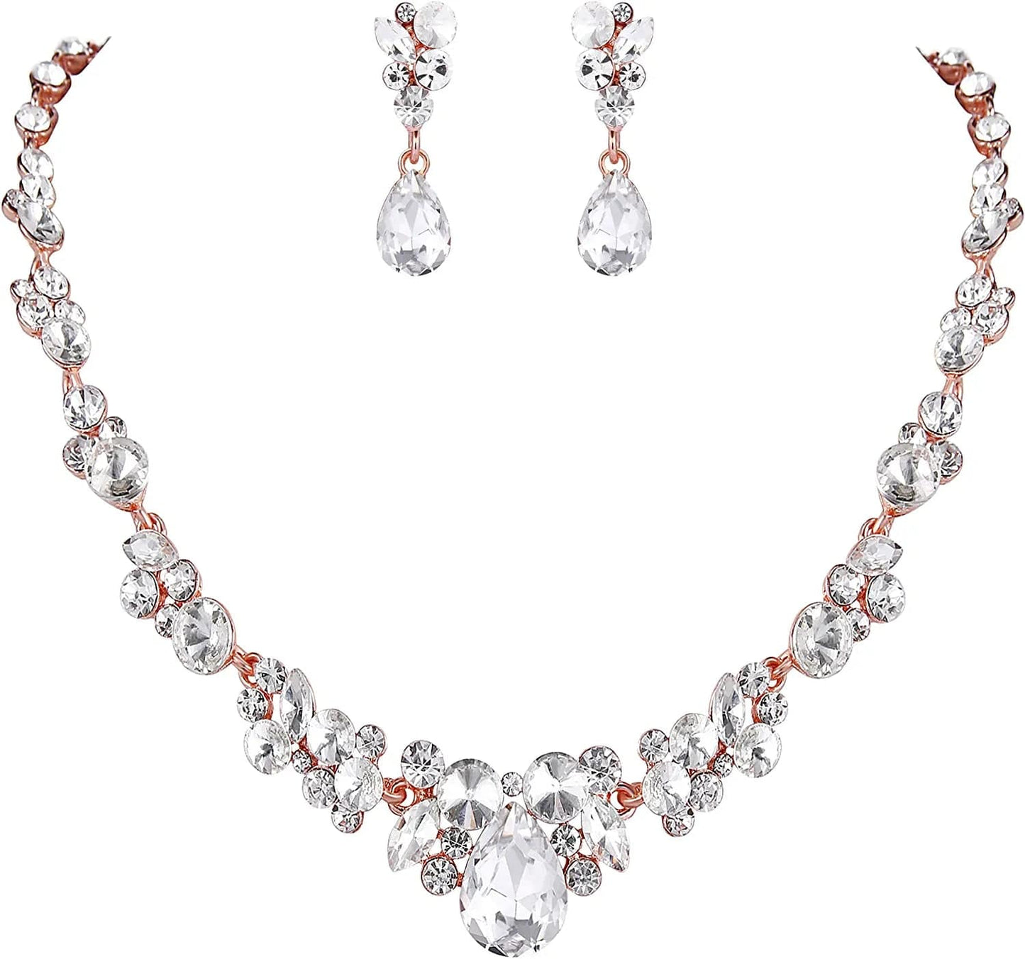 Rhinestone Crystal Elegant Bridal Floral Teardrop Necklace Earrings Set 9_Clear Rose Gold-Tone