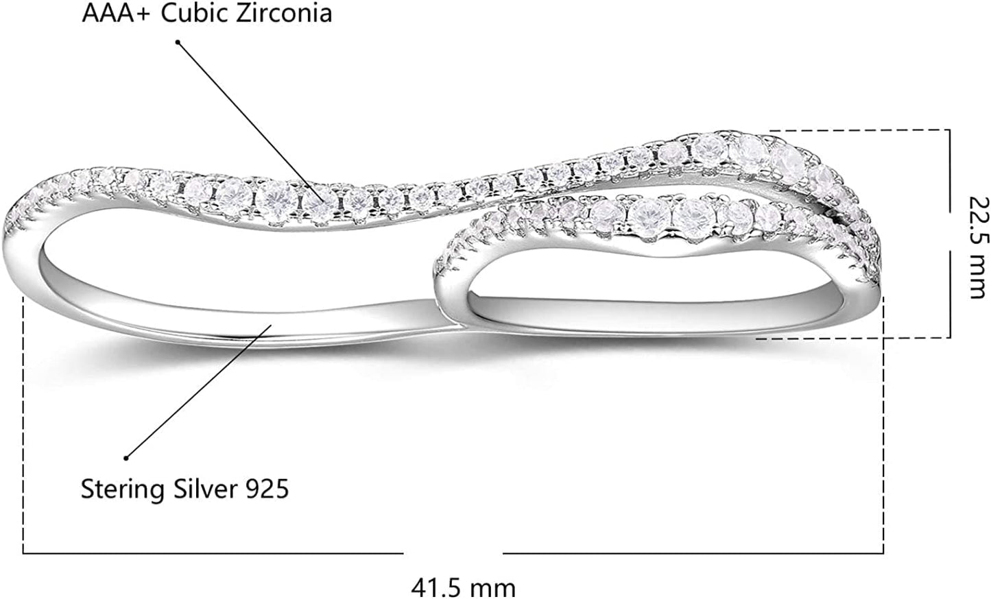 Rhodium Plated Sterling Silver 925 Double Finger Ring for Women