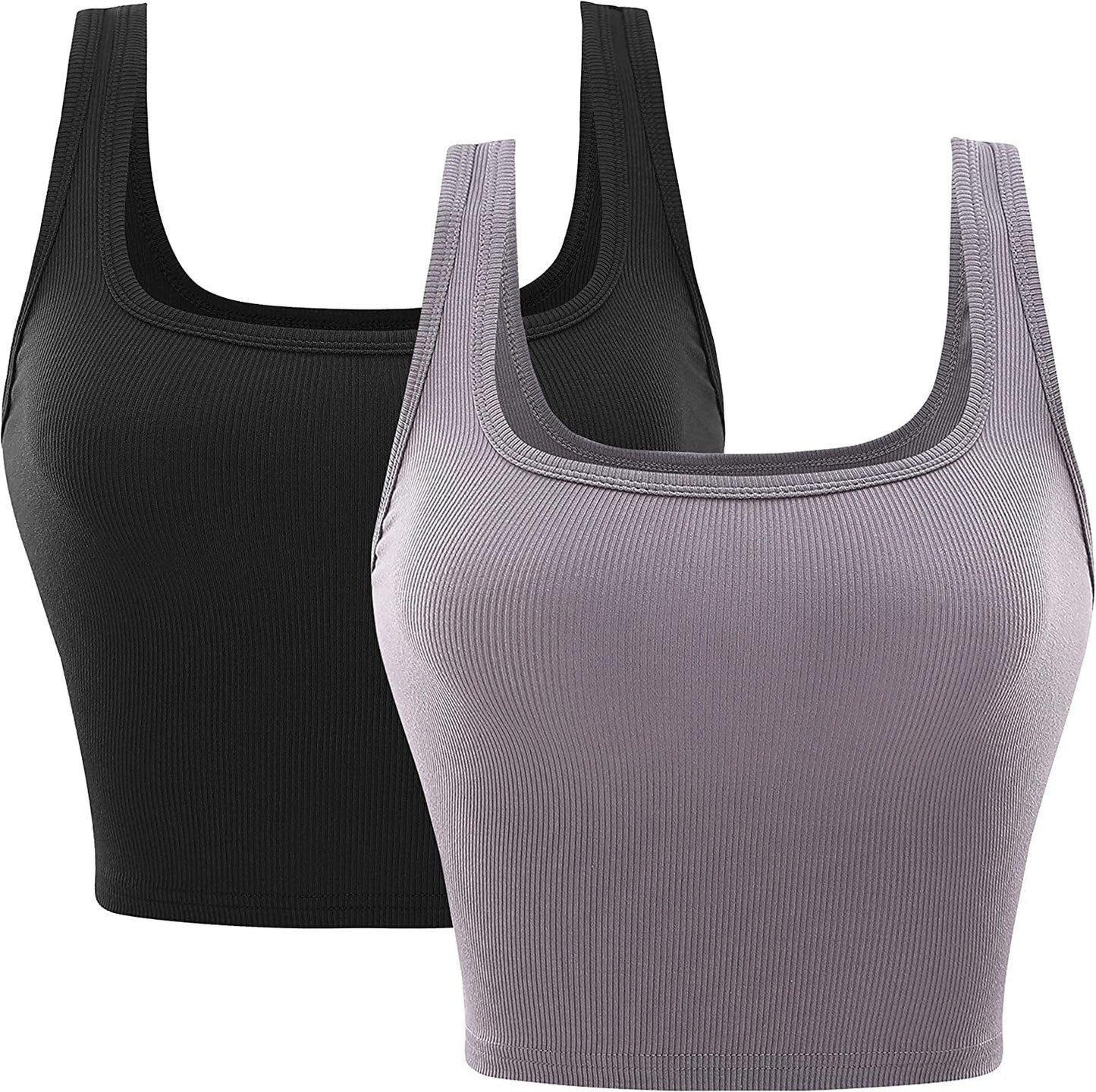 Ribbed Cropped Tank Tops for Women Seamless Sleeveless Womens Cloth Square Neck Basic Casual Shirts 2 Piece Crop Top Black/Grey / Large
