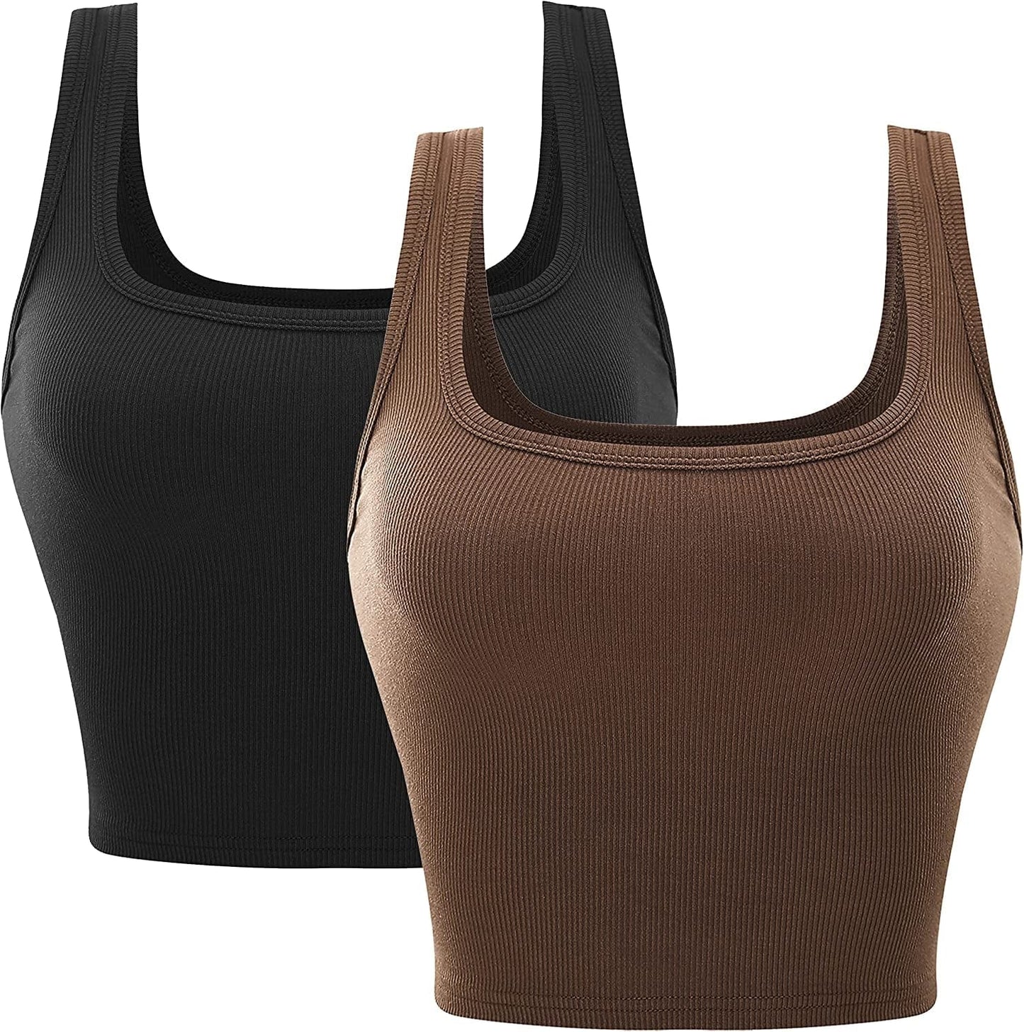 Ribbed Cropped Tank Tops for Women Seamless Sleeveless Womens Cloth Square Neck Basic Casual Shirts 2 Piece Crop Top Black/Brown / Large