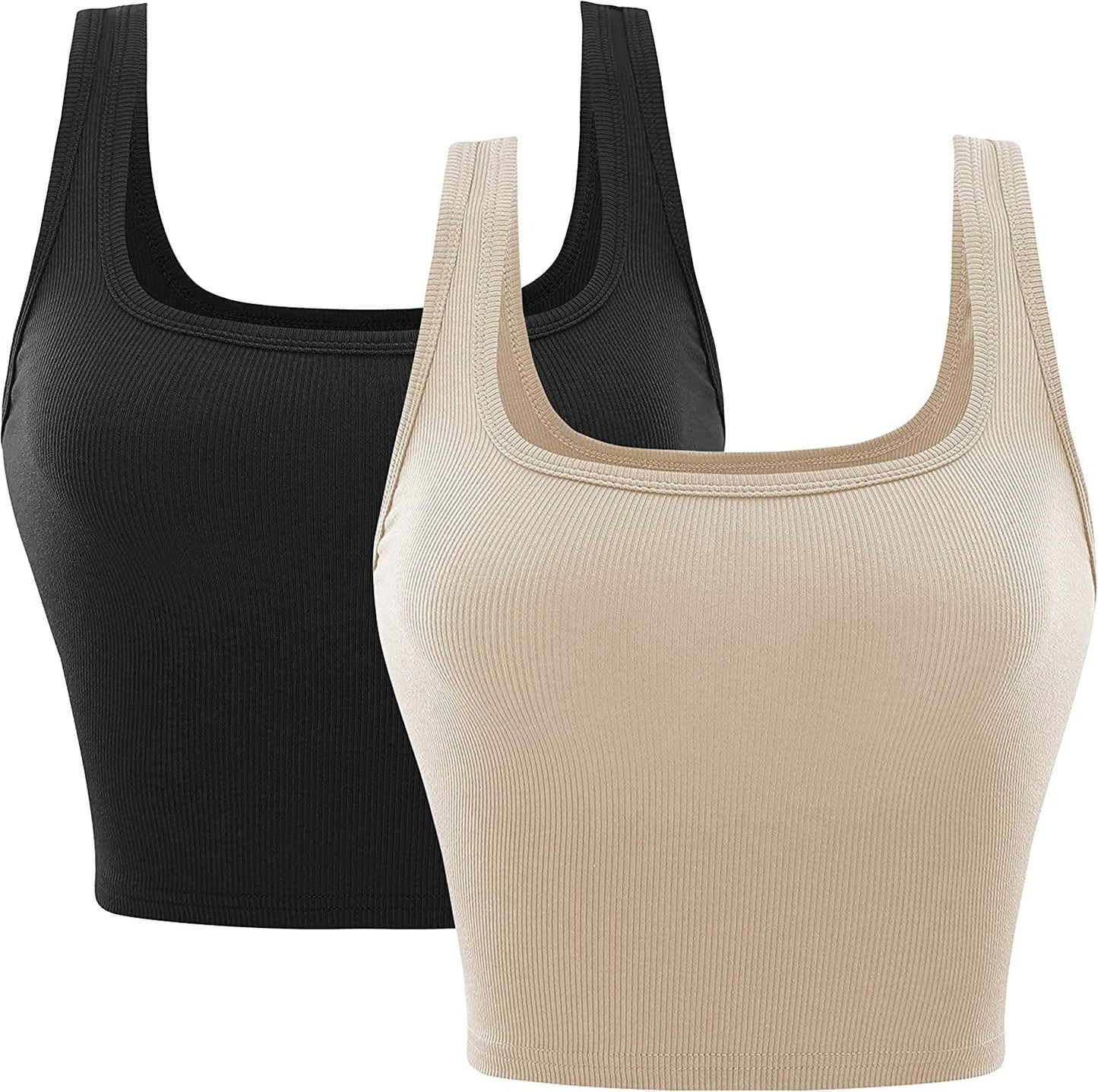 Ribbed Cropped Tank Tops for Women Seamless Sleeveless Womens Cloth Square Neck Basic Casual Shirts 2 Piece Crop Top Black/Beige / Large