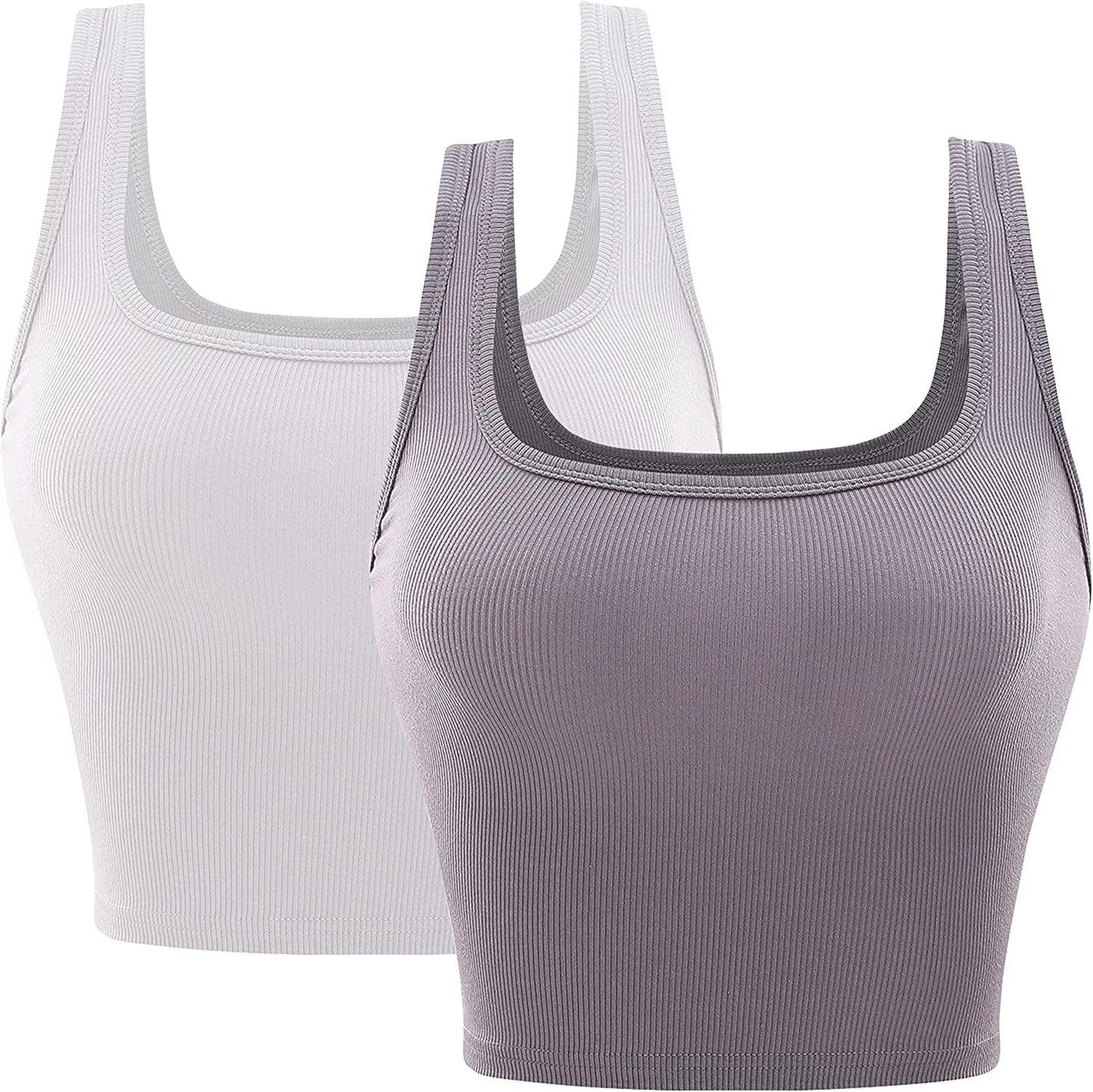 Ribbed Cropped Tank Tops for Women Seamless Sleeveless Womens Cloth Square Neck Basic Casual Shirts 2 Piece Crop Top Grey/White / Large
