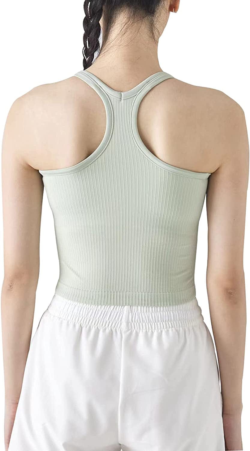 Ribbed Workout Short Racerback Tank Tops for Women with Built in Bra Green #1 / 4