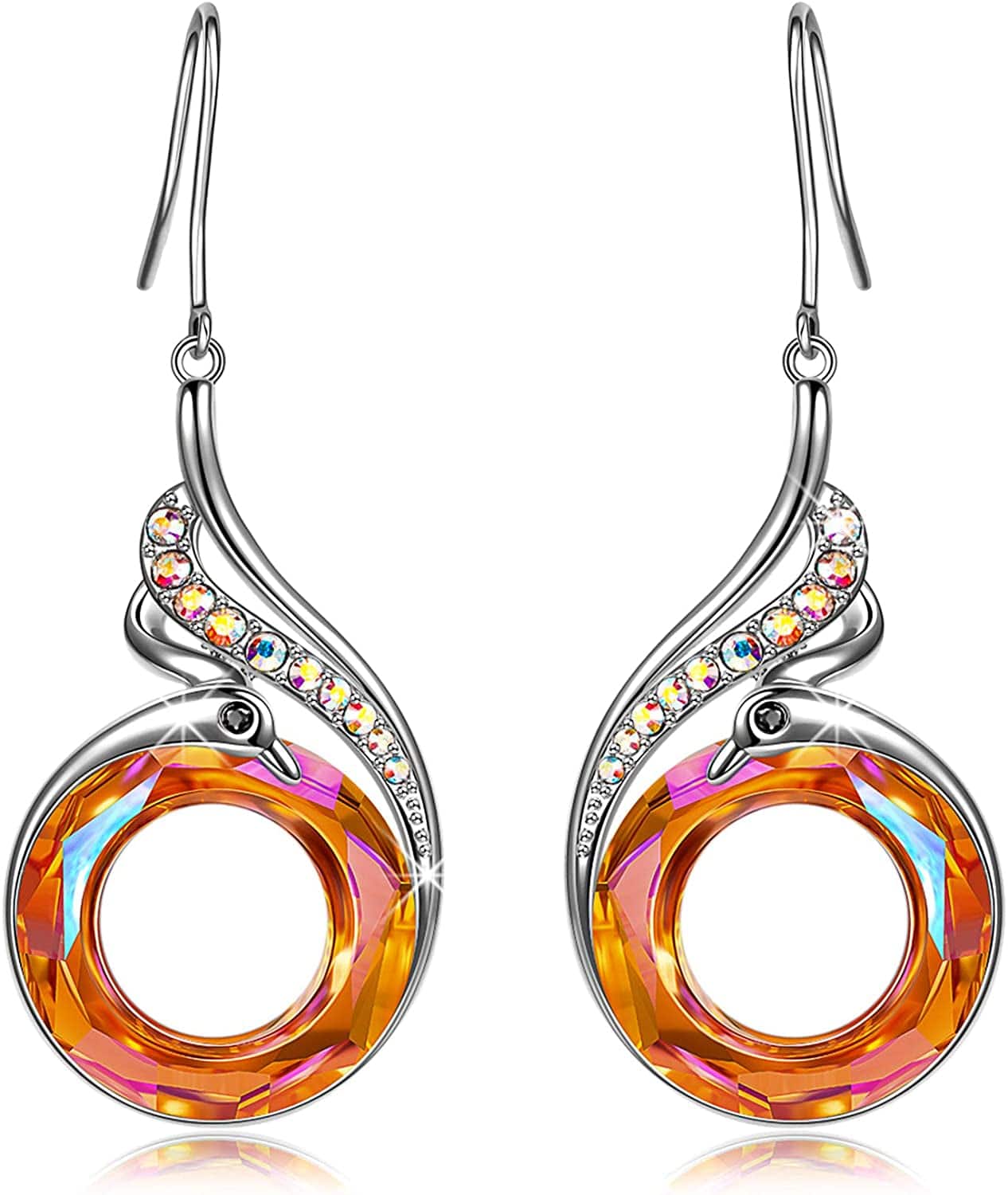 "Rise from the Ashes" Phoenix Earrings, Sterling Silver Dangle Earrings with Crystals from Austria, Packaged with Jewelry Box, Christmas Gifts Birthday Gifts for Women, Symbol of Luck and Renewal Astral Orange