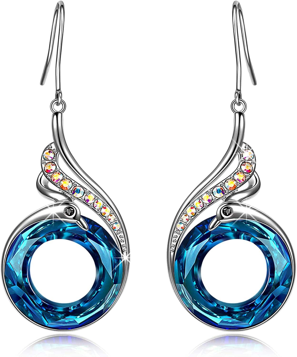 "Rise from the Ashes" Phoenix Earrings, Sterling Silver Dangle Earrings with Crystals from Austria, Packaged with Jewelry Box, Christmas Gifts Birthday Gifts for Women, Symbol of Luck and Renewal Bermuda Blue