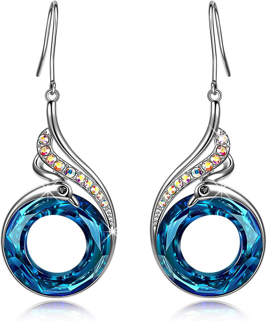 "Rise from the Ashes" Phoenix Earrings, Sterling Silver Dangle Earrings with Crystals from Austria, Packaged with Jewelry Box, Christmas Gifts Birthday Gifts for Women, Symbol of Luck and Renewal Bermuda Blue