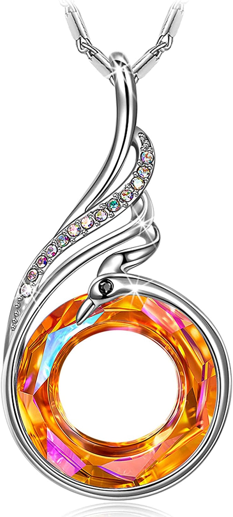 "Rise from the Ashes" Sterling Silver Phoenix Necklaces for Women, 17.8"+2.0" Necklace, Packaged with Jewelry Box, Christmas Gifts Birthday Gifts for Women, Symbol of Luck and Renewal Astral Orange