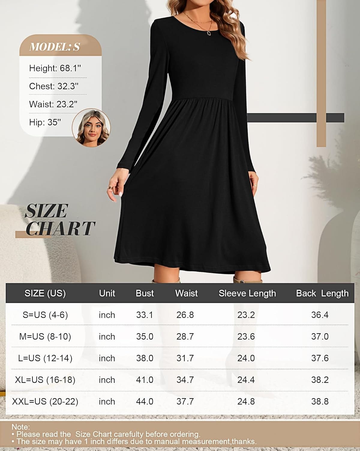 Riyiper 2 Pack Women Casual Long Sleeve Dresses Loose Fit Swing Pleated Dress with Pockets Knee Length