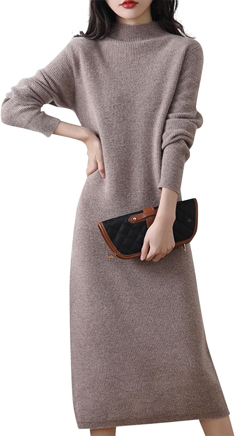 ROKIACDE Sweater Dress for Women Trendy Half High Collar Knitted Dress Casual Fall Winter Long Sleeve Elegant Midi Dress 01-Camel / Medium