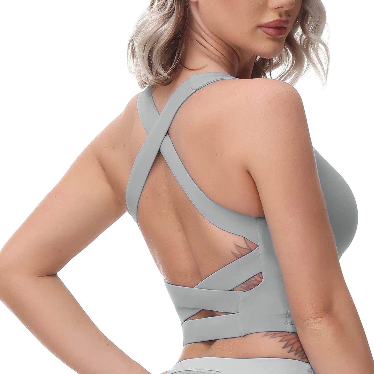 Romansong Strappy Yoga Sports Bras for Women Padded Criss-Cross Back Tank Tops Grey / Medium