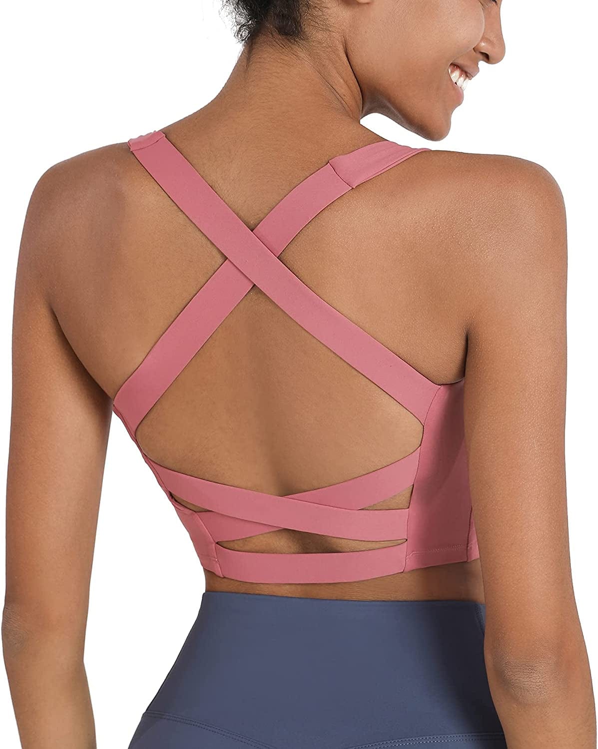 Romansong Strappy Yoga Sports Bras for Women Padded Criss-Cross Back Tank Tops Rose Red / X-Small