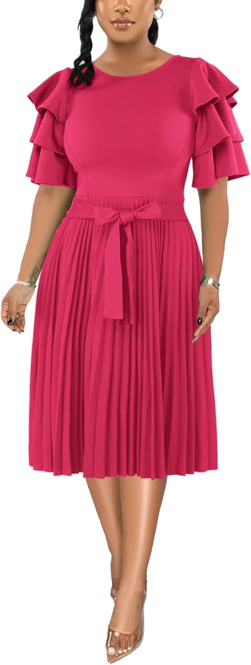 Rooscier Women'S Ruffle Layered Short Sleeve Pleated a Line Tie Waist Elegant Midi Dress Rose / X-Large