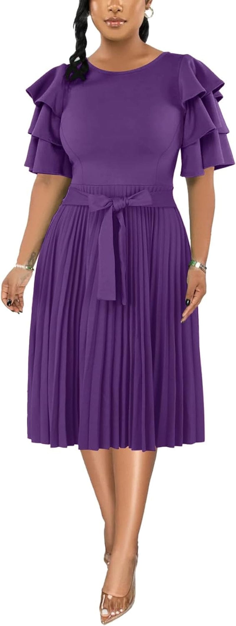 Rooscier Women'S Ruffle Layered Short Sleeve Pleated a Line Tie Waist Elegant Midi Dress Purple / X-Large
