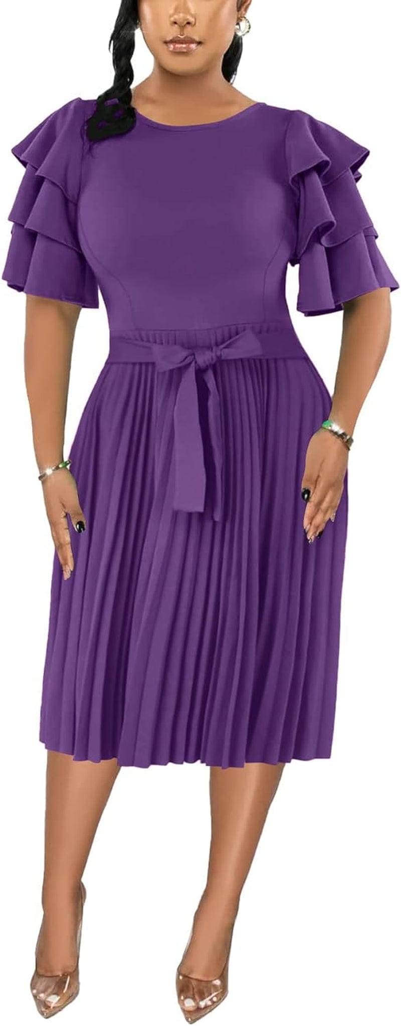 Rooscier Women'S Ruffle Layered Short Sleeve Pleated a Line Tie Waist Elegant Midi Dress