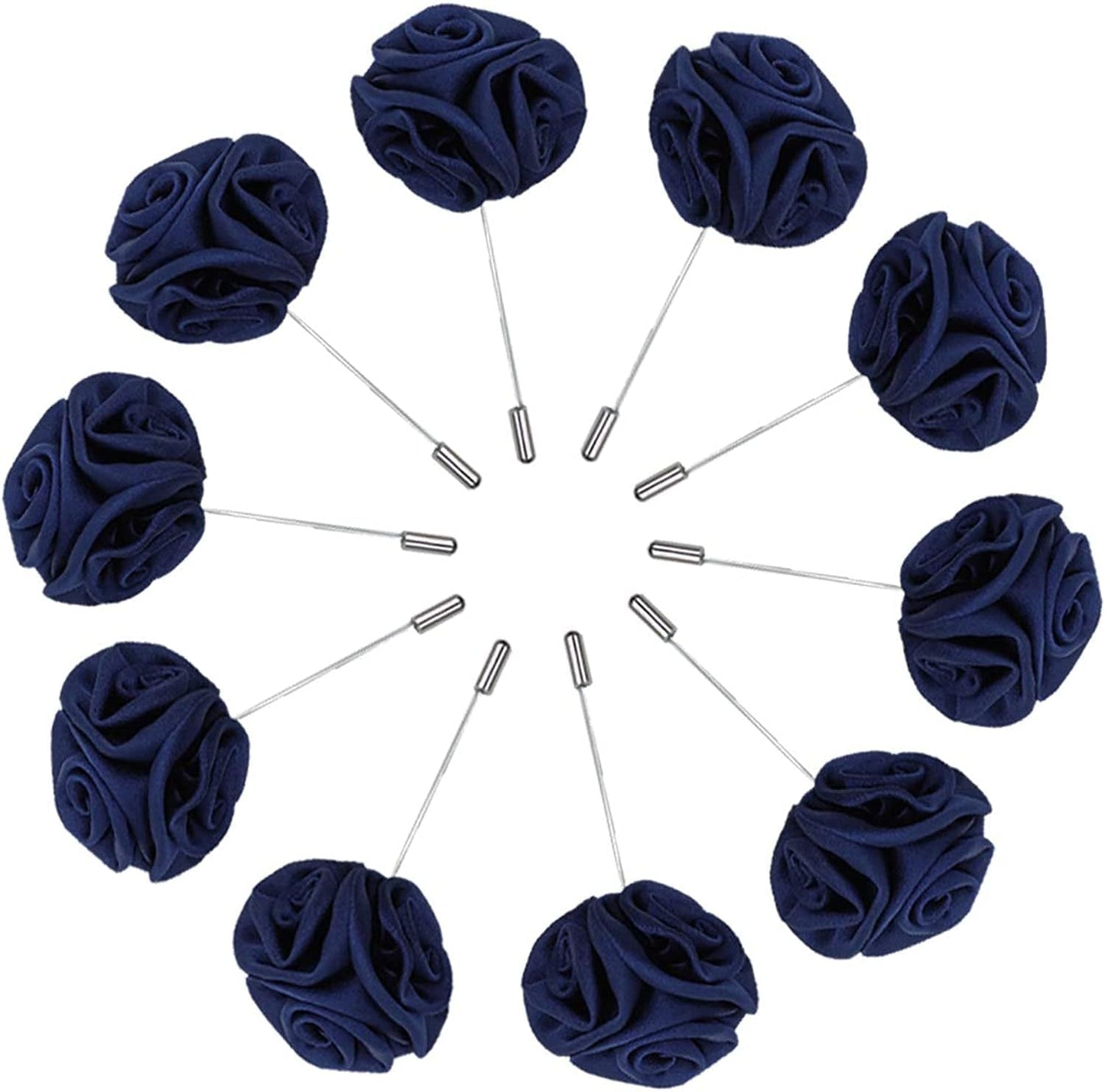 Rose Boutonnières Men'S Lapel Pins Satin Flower 10 Pack Groom Wedding Boutonniere Suit Brooch Outfit Accessories Navy Blue