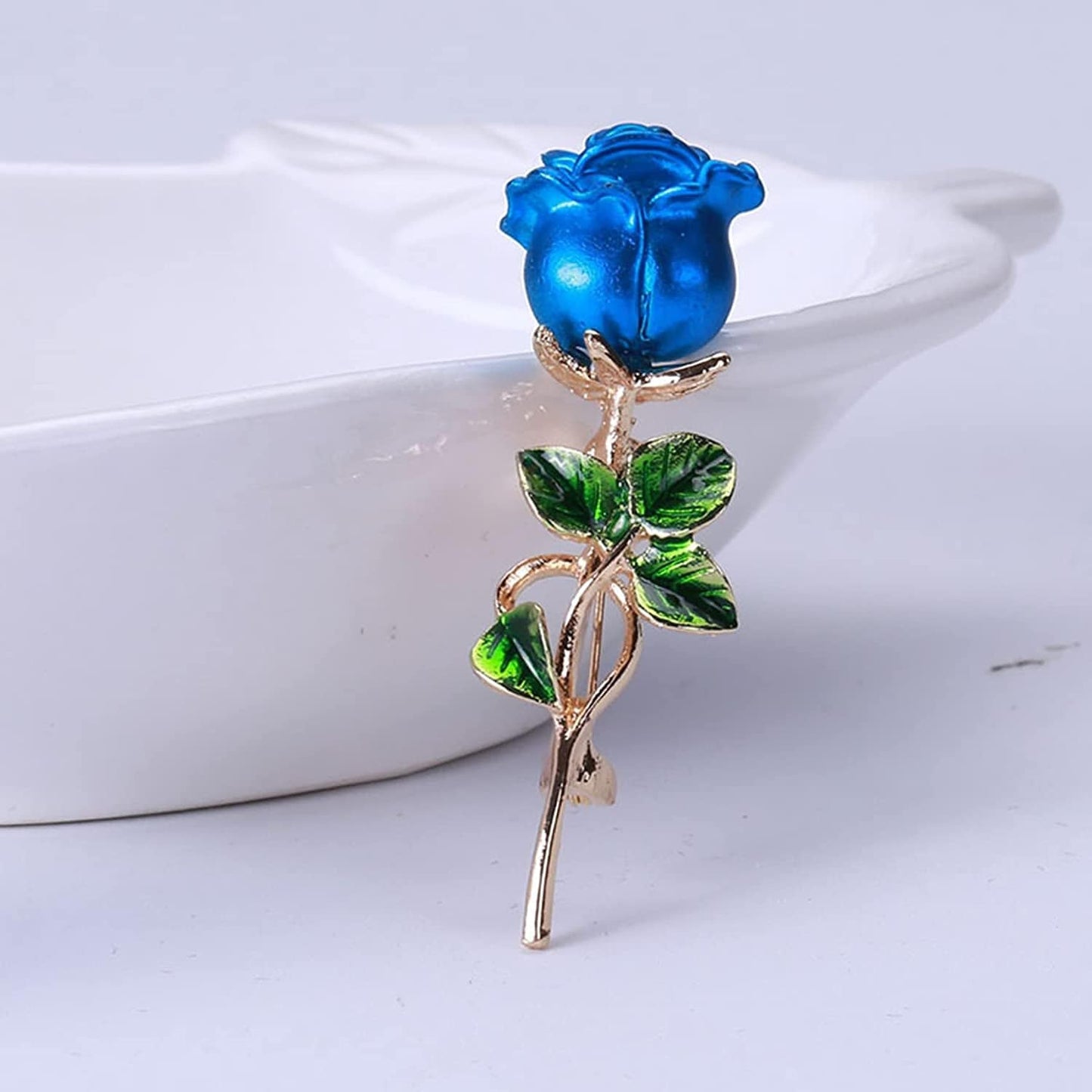 Rose Flower Brooch Enamel Leaf Breastpin Decorative Floral Lapel Pin for Women Party Banquet Wedding,Blue, 5.7*1.8Cm