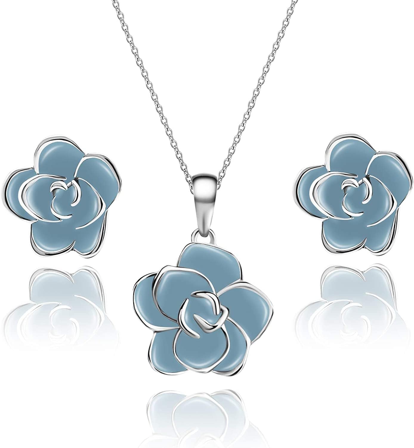 Rose Flower Necklace Earrings Set for Women 18K Gold Plated Hypoallergenic Jewelry Sets Light Blue/Silver-tone