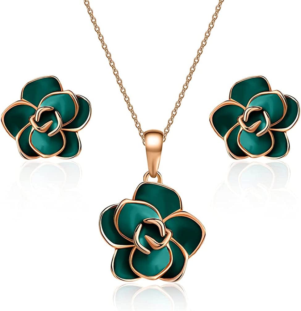 Rose Flower Necklace Earrings Set for Women 18K Gold Plated Hypoallergenic Jewelry Sets Green