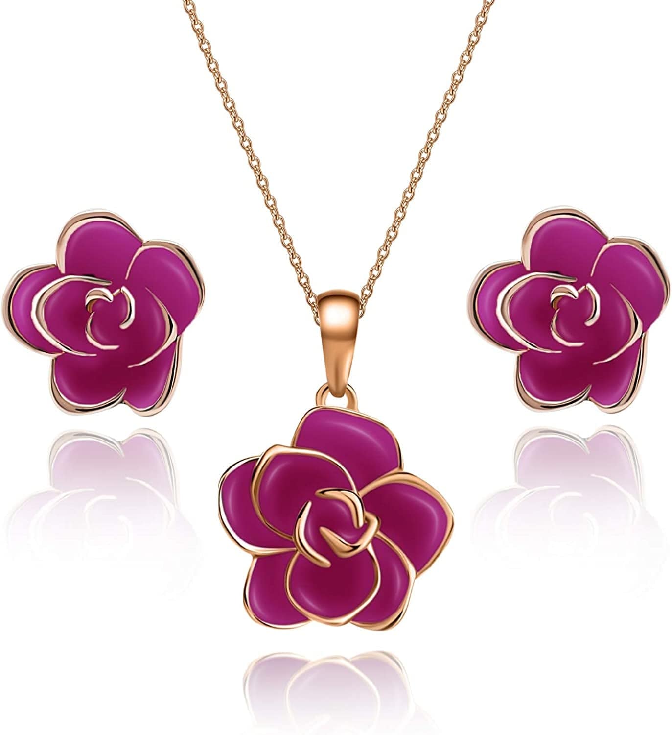 Rose Flower Necklace Earrings Set for Women 18K Gold Plated Hypoallergenic Jewelry Sets Purple / Rose Gold-tone