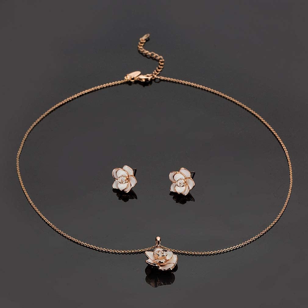 Rose Flower Necklace Earrings Set for Women 18K Gold Plated Hypoallergenic Jewelry Sets