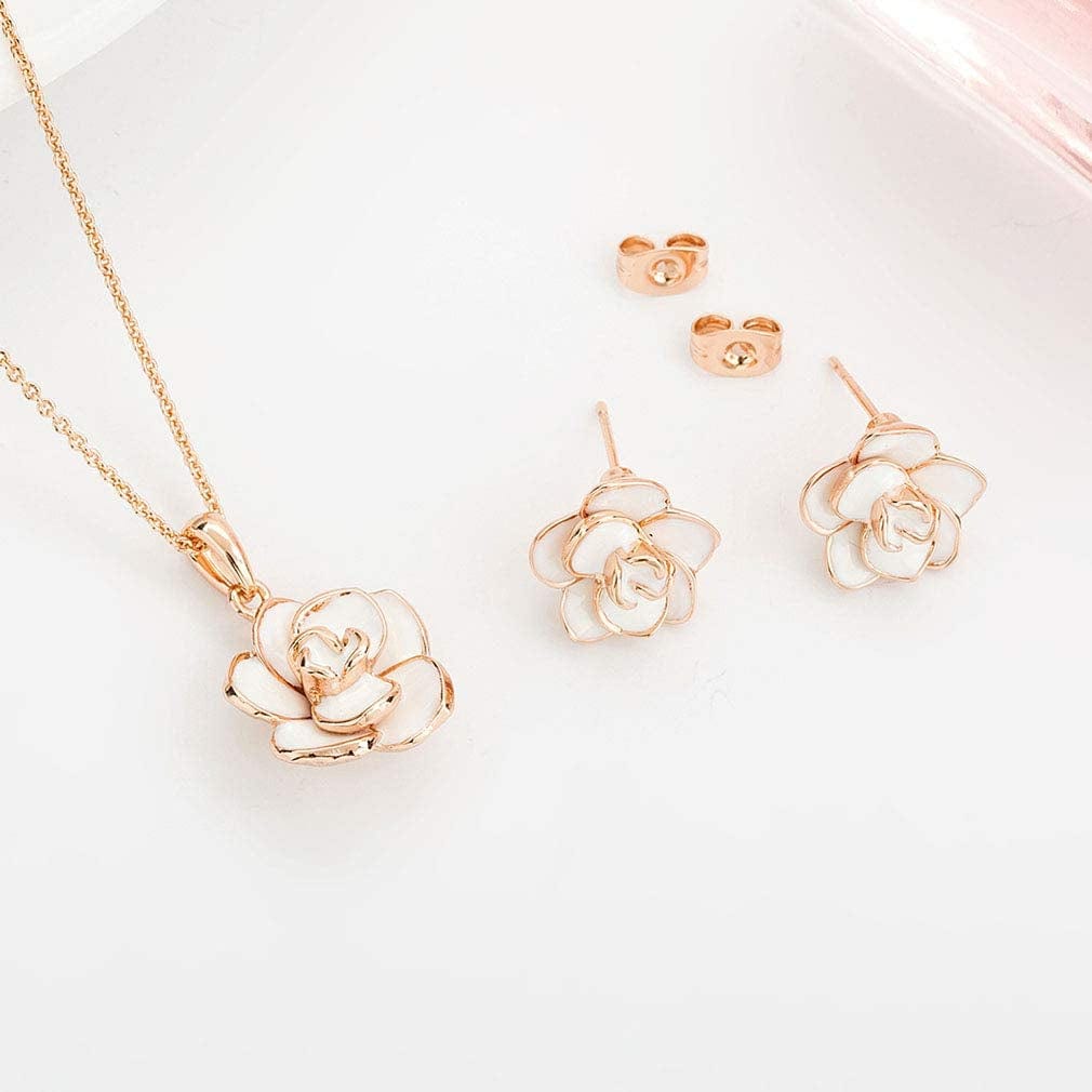 Rose Flower Necklace Earrings Set for Women 18K Gold Plated Hypoallergenic Jewelry Sets