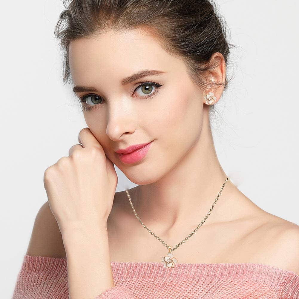 Rose Flower Necklace Earrings Set for Women 18K Gold Plated Hypoallergenic Jewelry Sets