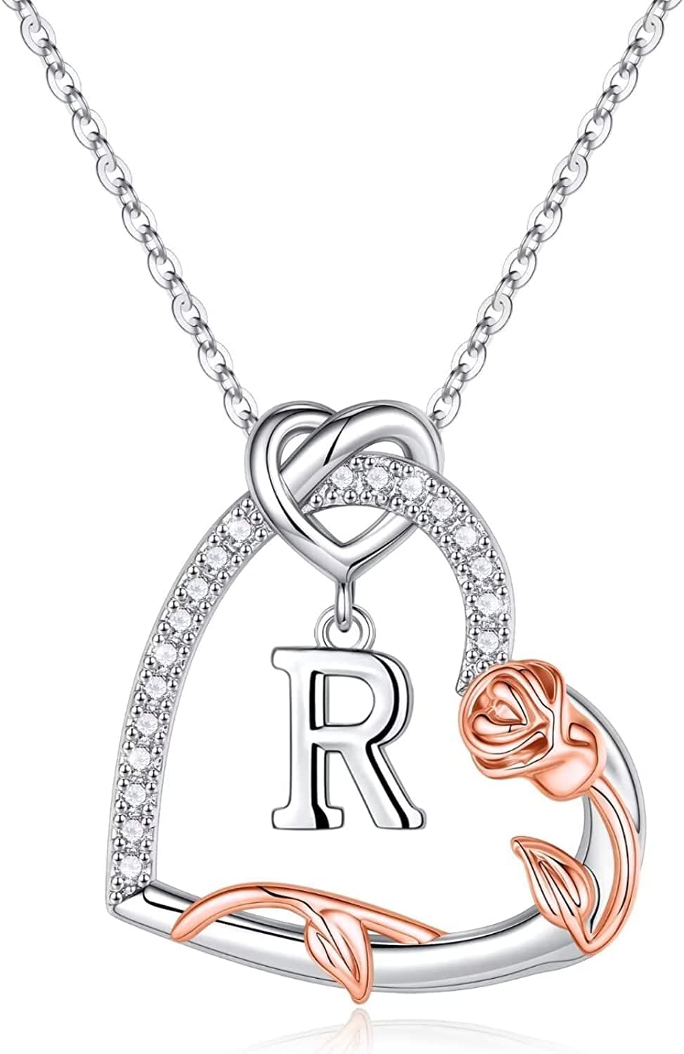 Rose Heart Initial Necklaces Gifts for Women Teen Girls, Love Heart Initial Letter Pendant Necklace Jewelry Mothers Day Valentines Christmas Birthday Gifts for Her Girlfriend Wife Mom Daughter R