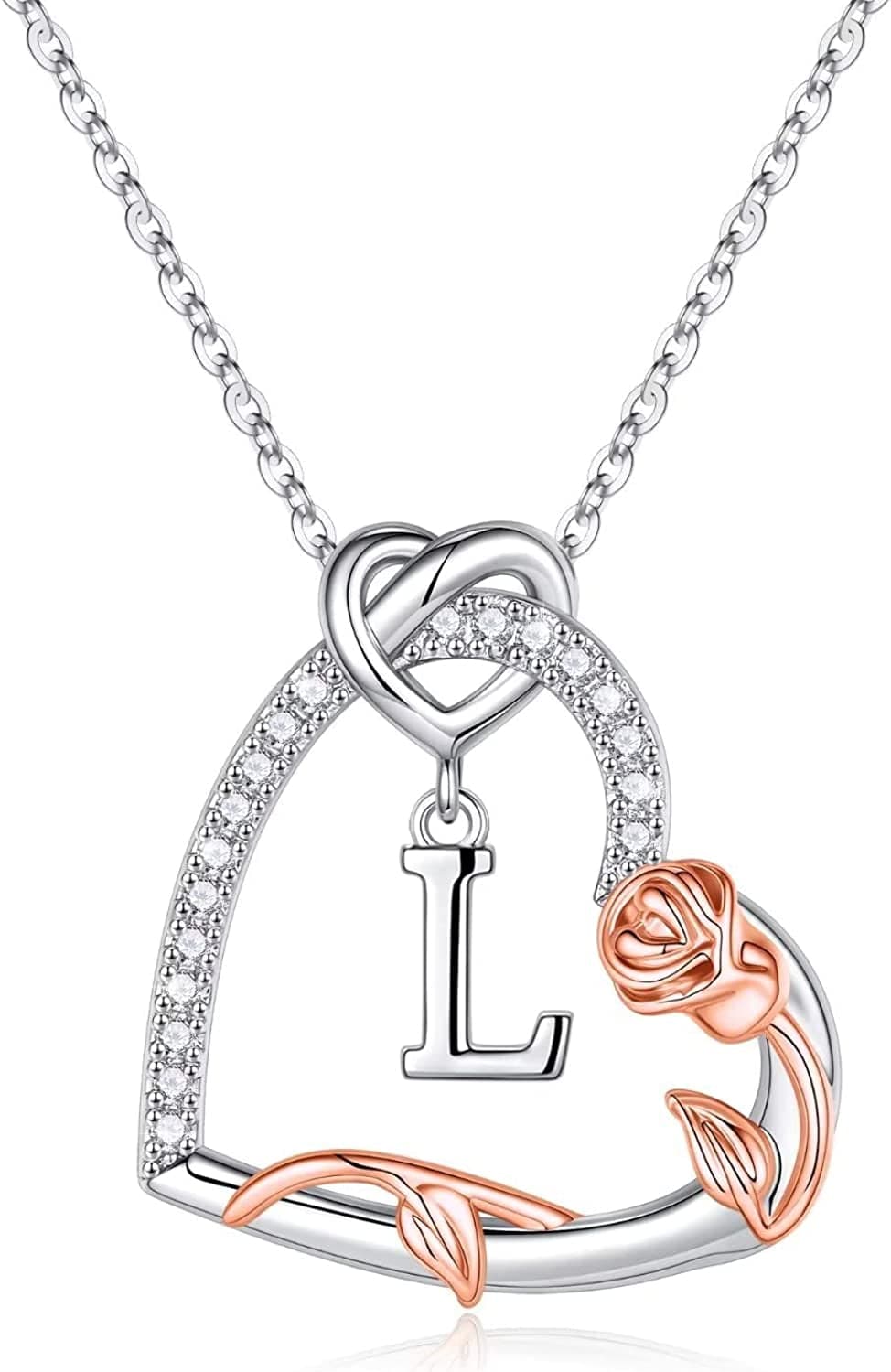 Rose Heart Initial Necklaces Gifts for Women Teen Girls, Love Heart Initial Letter Pendant Necklace Jewelry Mothers Day Valentines Christmas Birthday Gifts for Her Girlfriend Wife Mom Daughter L