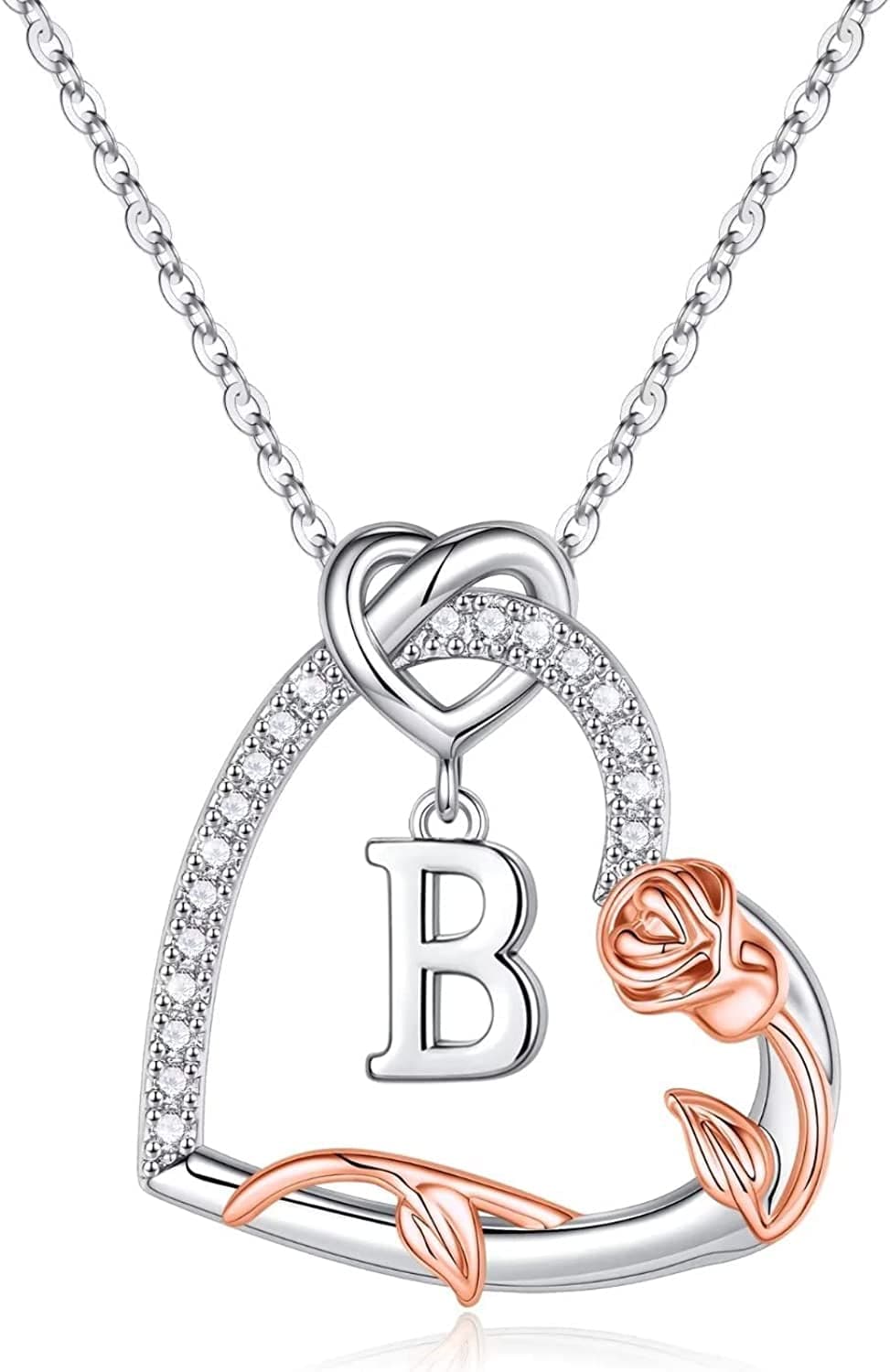 Rose Heart Initial Necklaces Gifts for Women Teen Girls, Love Heart Initial Letter Pendant Necklace Jewelry Mothers Day Valentines Christmas Birthday Gifts for Her Girlfriend Wife Mom Daughter B