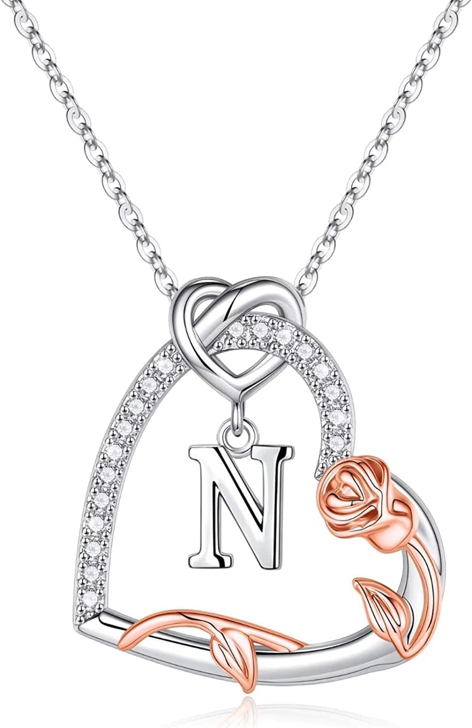 Rose Heart Initial Necklaces Gifts for Women Teen Girls, Love Heart Initial Letter Pendant Necklace Jewelry Mothers Day Valentines Christmas Birthday Gifts for Her Girlfriend Wife Mom Daughter N