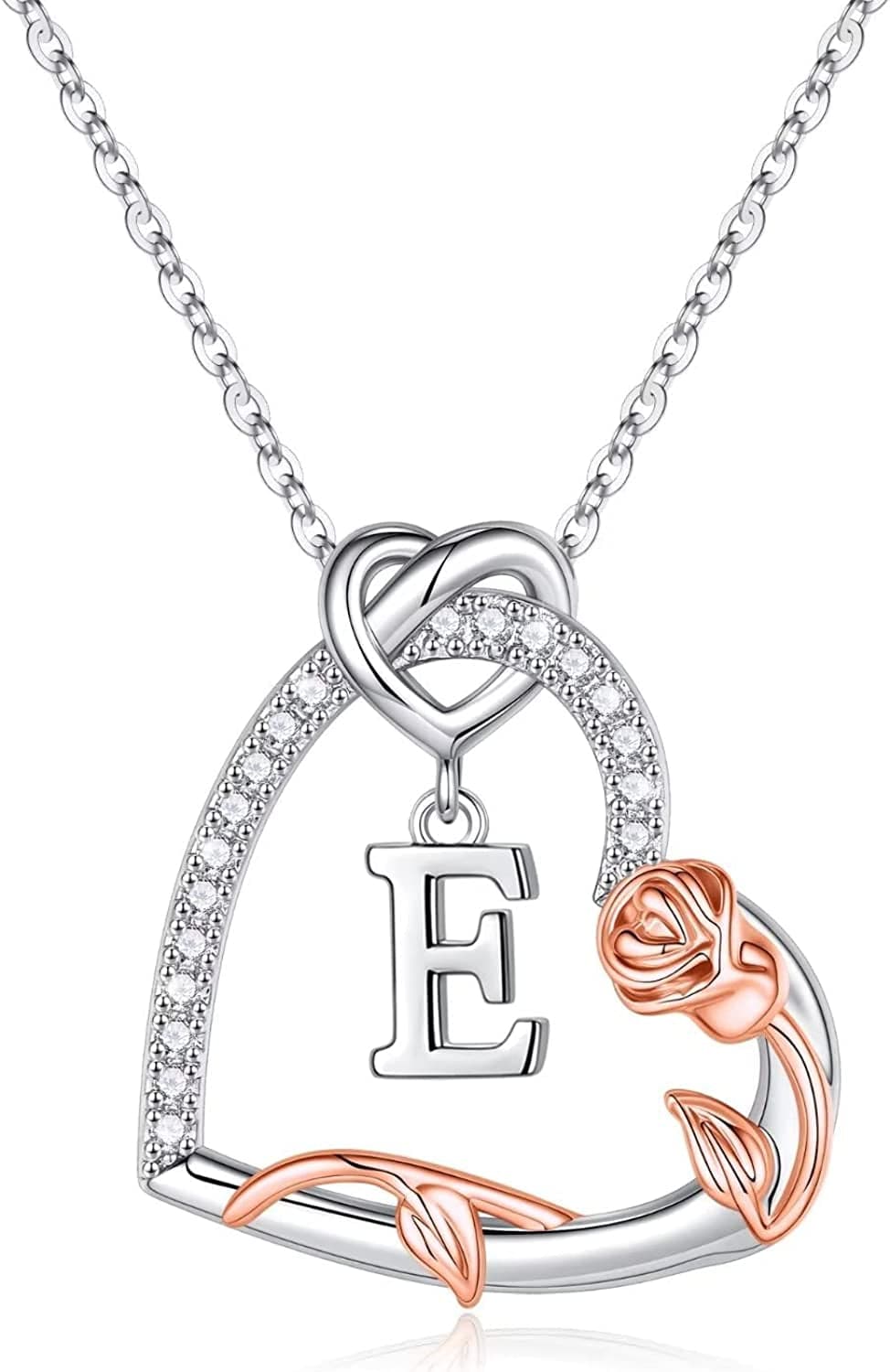 Rose Heart Initial Necklaces Gifts for Women Teen Girls, Love Heart Initial Letter Pendant Necklace Jewelry Mothers Day Valentines Christmas Birthday Gifts for Her Girlfriend Wife Mom Daughter E