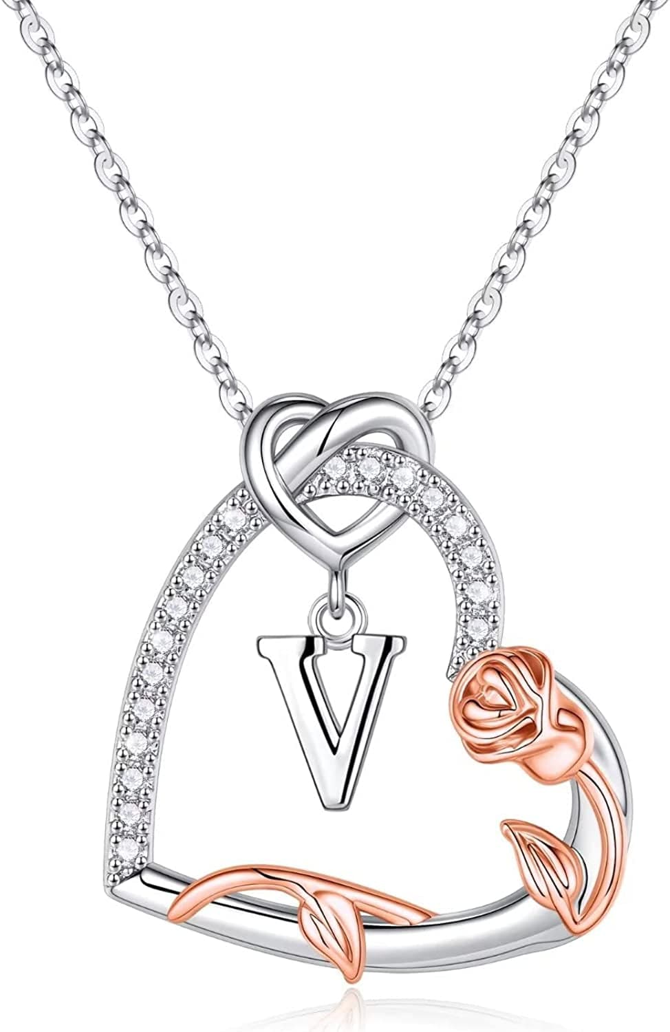Rose Heart Initial Necklaces Gifts for Women Teen Girls, Love Heart Initial Letter Pendant Necklace Jewelry Mothers Day Valentines Christmas Birthday Gifts for Her Girlfriend Wife Mom Daughter V