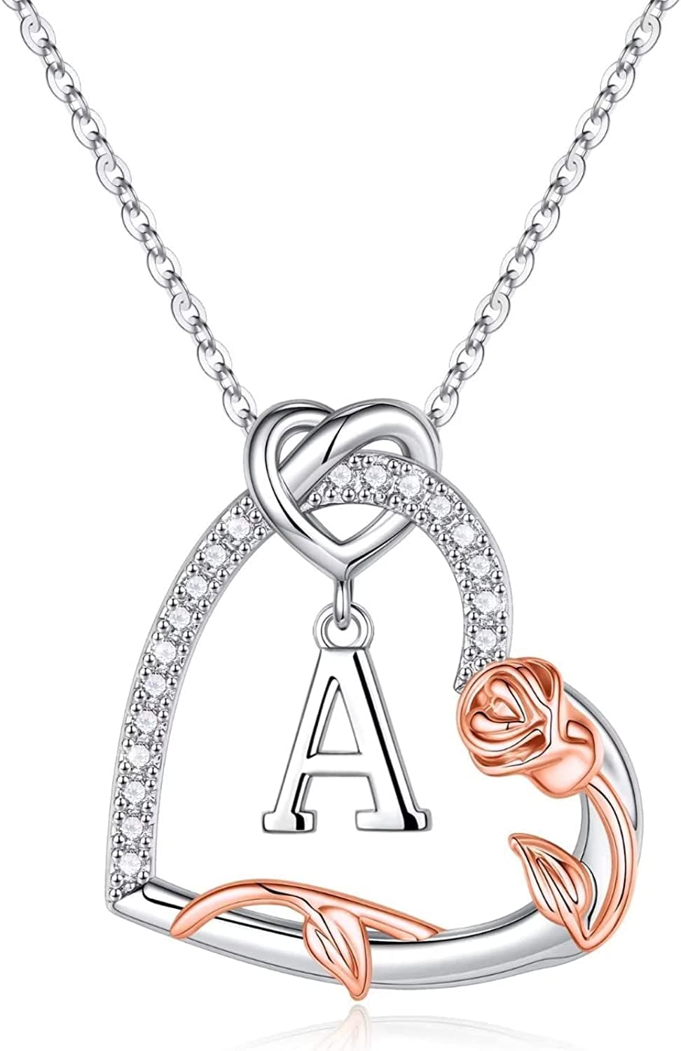 Rose Heart Initial Necklaces Gifts for Women Teen Girls, Love Heart Initial Letter Pendant Necklace Jewelry Mothers Day Valentines Christmas Birthday Gifts for Her Girlfriend Wife Mom Daughter A