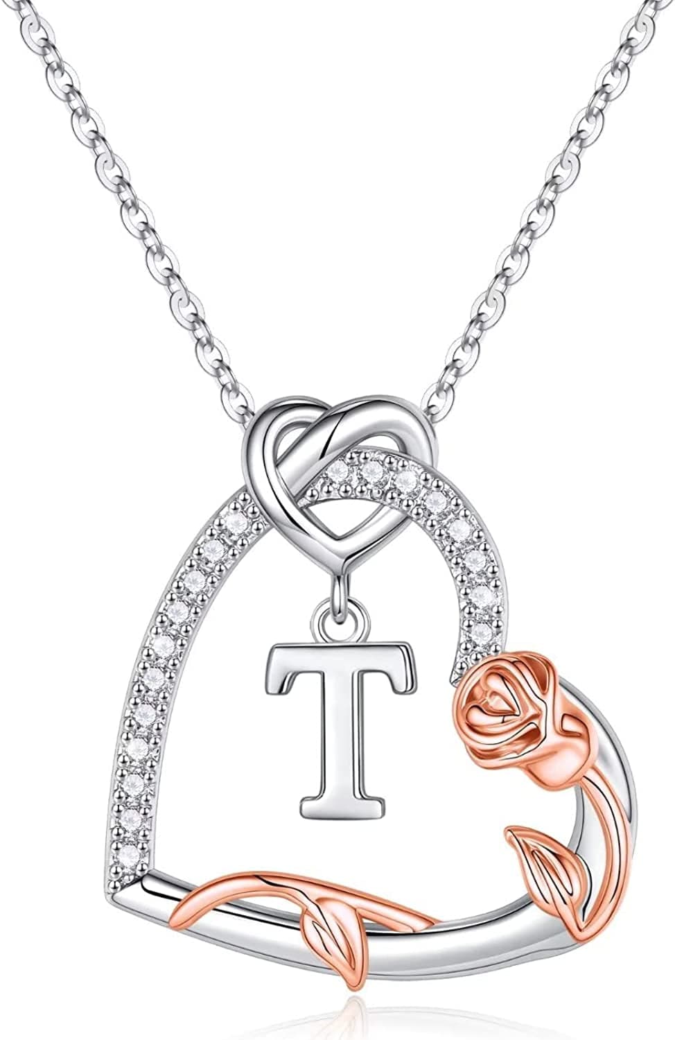 Rose Heart Initial Necklaces Gifts for Women Teen Girls, Love Heart Initial Letter Pendant Necklace Jewelry Mothers Day Valentines Christmas Birthday Gifts for Her Girlfriend Wife Mom Daughter T