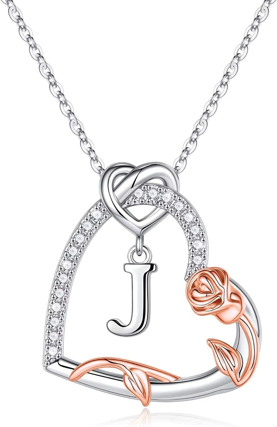 Rose Heart Initial Necklaces Gifts for Women Teen Girls, Love Heart Initial Letter Pendant Necklace Jewelry Mothers Day Valentines Christmas Birthday Gifts for Her Girlfriend Wife Mom Daughter J
