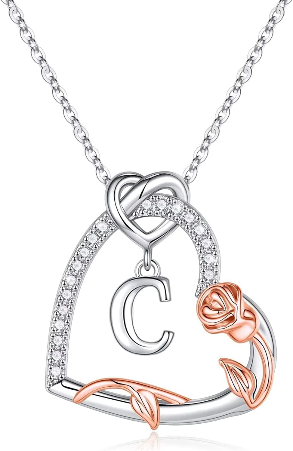 Rose Heart Initial Necklaces Gifts for Women Teen Girls, Love Heart Initial Letter Pendant Necklace Jewelry Mothers Day Valentines Christmas Birthday Gifts for Her Girlfriend Wife Mom Daughter C