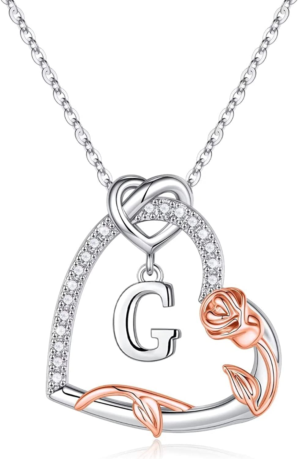 Rose Heart Initial Necklaces Gifts for Women Teen Girls, Love Heart Initial Letter Pendant Necklace Jewelry Mothers Day Valentines Christmas Birthday Gifts for Her Girlfriend Wife Mom Daughter G