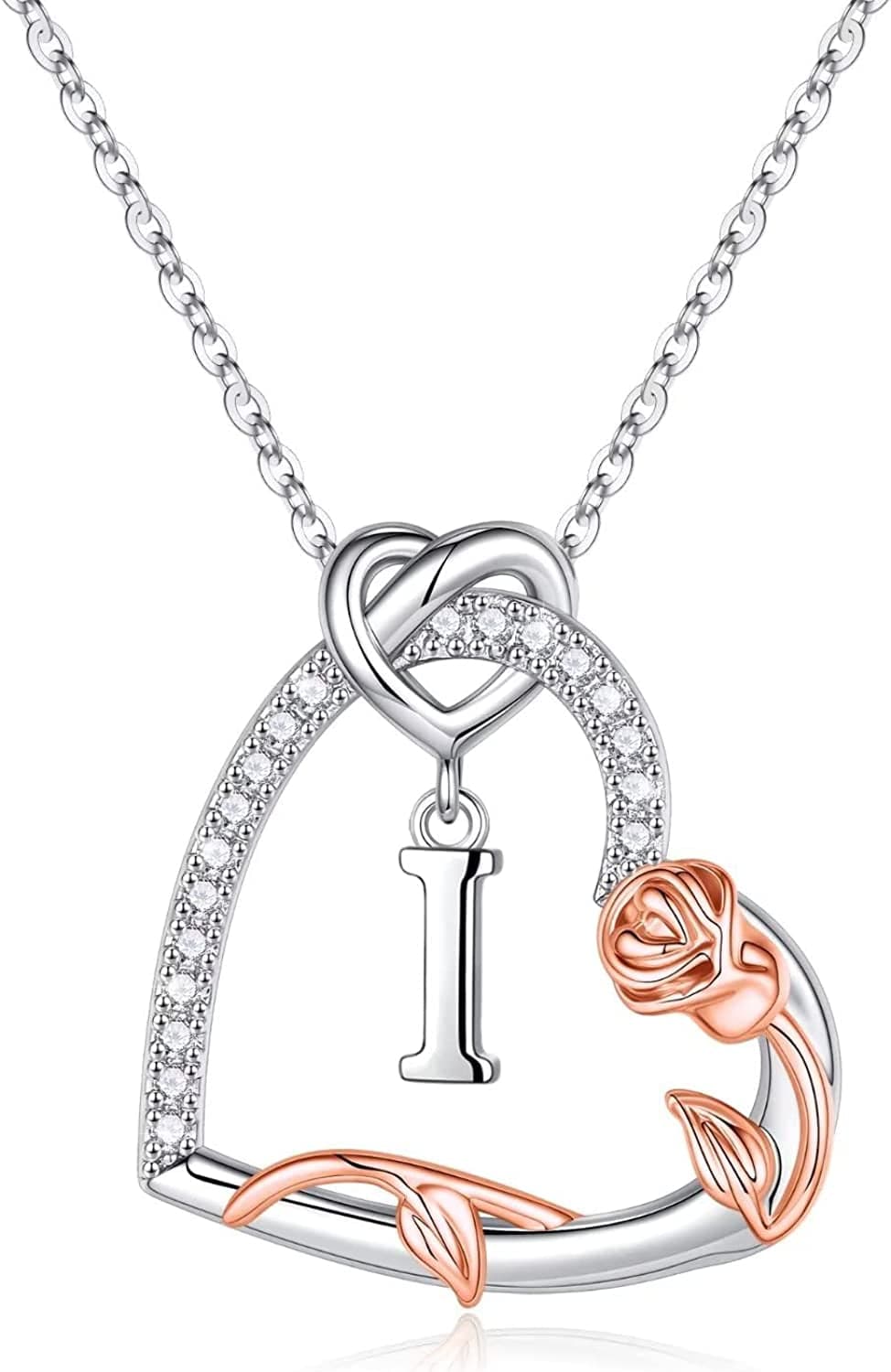 Rose Heart Initial Necklaces Gifts for Women Teen Girls, Love Heart Initial Letter Pendant Necklace Jewelry Mothers Day Valentines Christmas Birthday Gifts for Her Girlfriend Wife Mom Daughter I