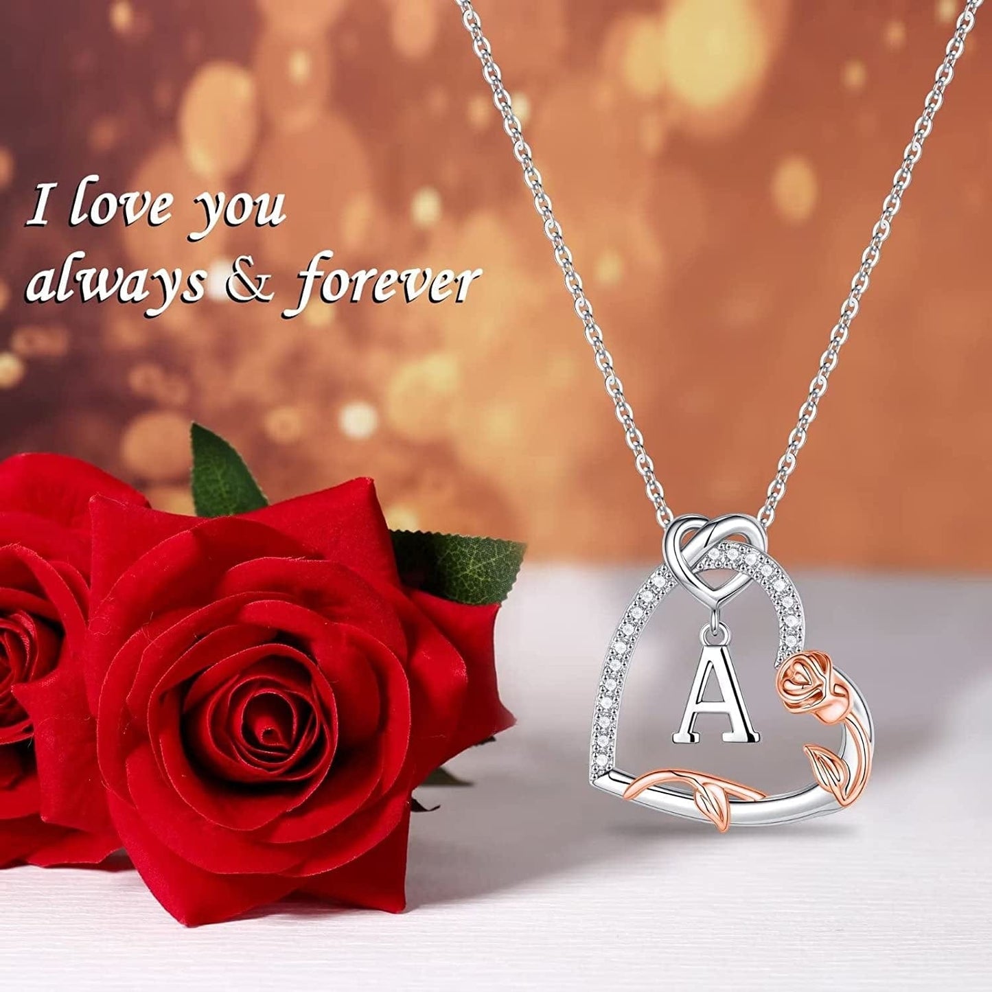 Rose Heart Initial Necklaces Gifts for Women Teen Girls, Love Heart Initial Letter Pendant Necklace Jewelry Mothers Day Valentines Christmas Birthday Gifts for Her Girlfriend Wife Mom Daughter