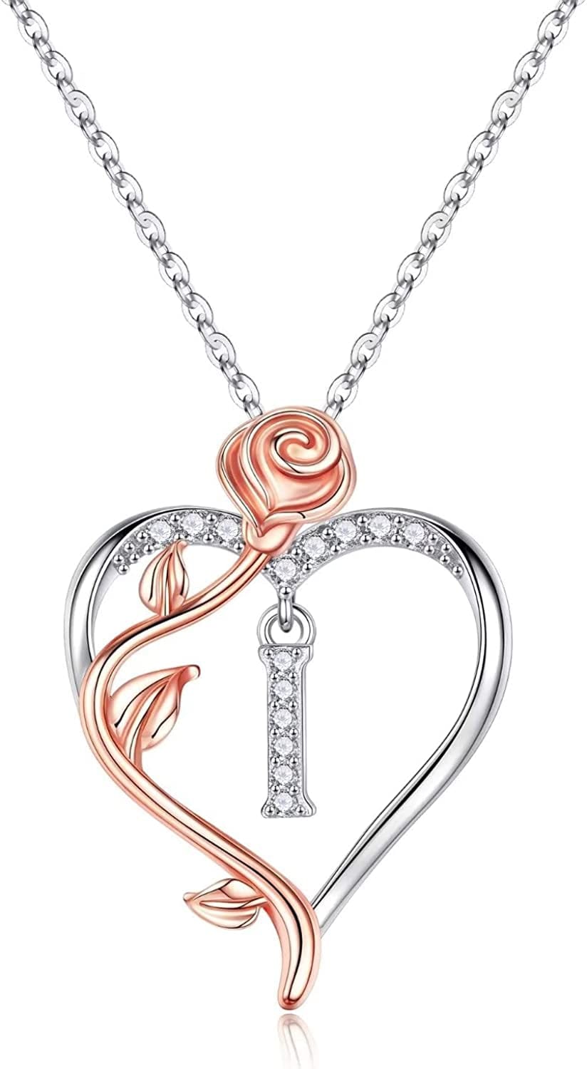 Rose Heart Initial Necklaces Gifts for Women Teen Girls, Rose Love Heart Letter Pendant Necklace Jewelry Mothers Day Valentines Anniversary Birthday Gifts for Her Women Wife Girlfriend Mom I
