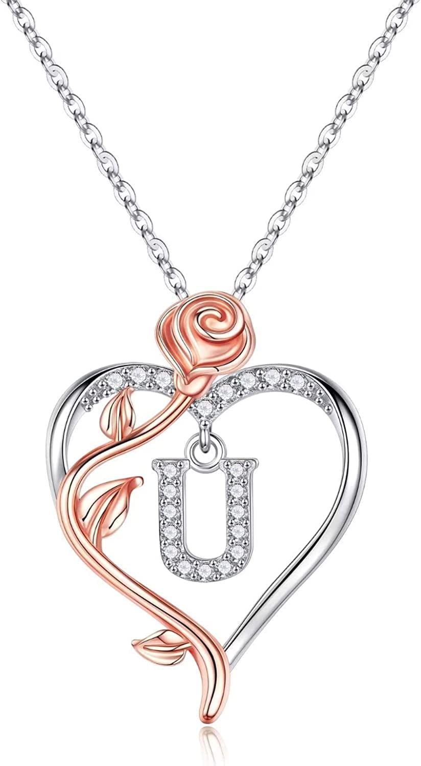 Rose Heart Initial Necklaces Gifts for Women Teen Girls, Rose Love Heart Letter Pendant Necklace Jewelry Mothers Day Valentines Anniversary Birthday Gifts for Her Women Wife Girlfriend Mom U