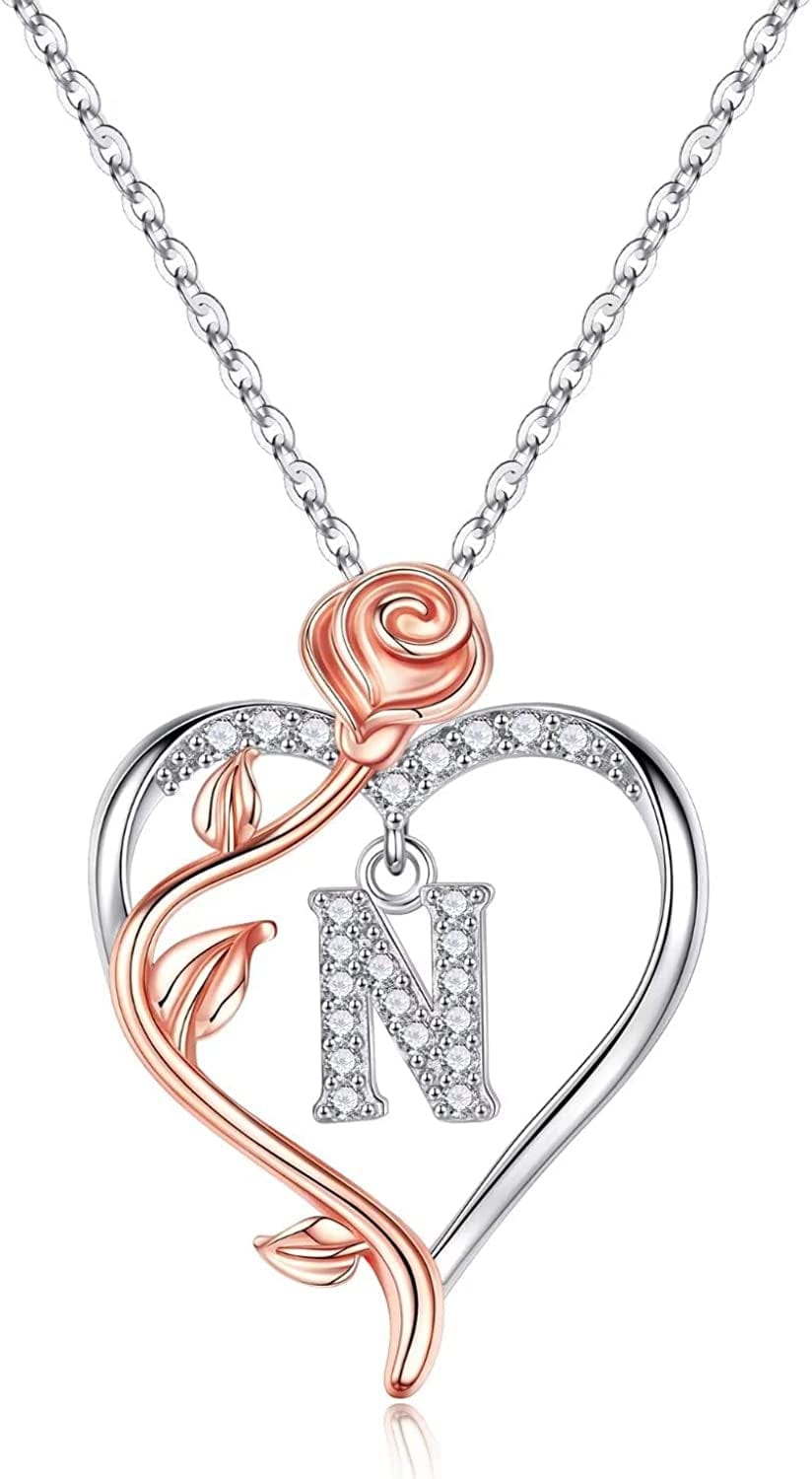 Rose Heart Initial Necklaces Gifts for Women Teen Girls, Rose Love Heart Letter Pendant Necklace Jewelry Mothers Day Valentines Anniversary Birthday Gifts for Her Women Wife Girlfriend Mom N