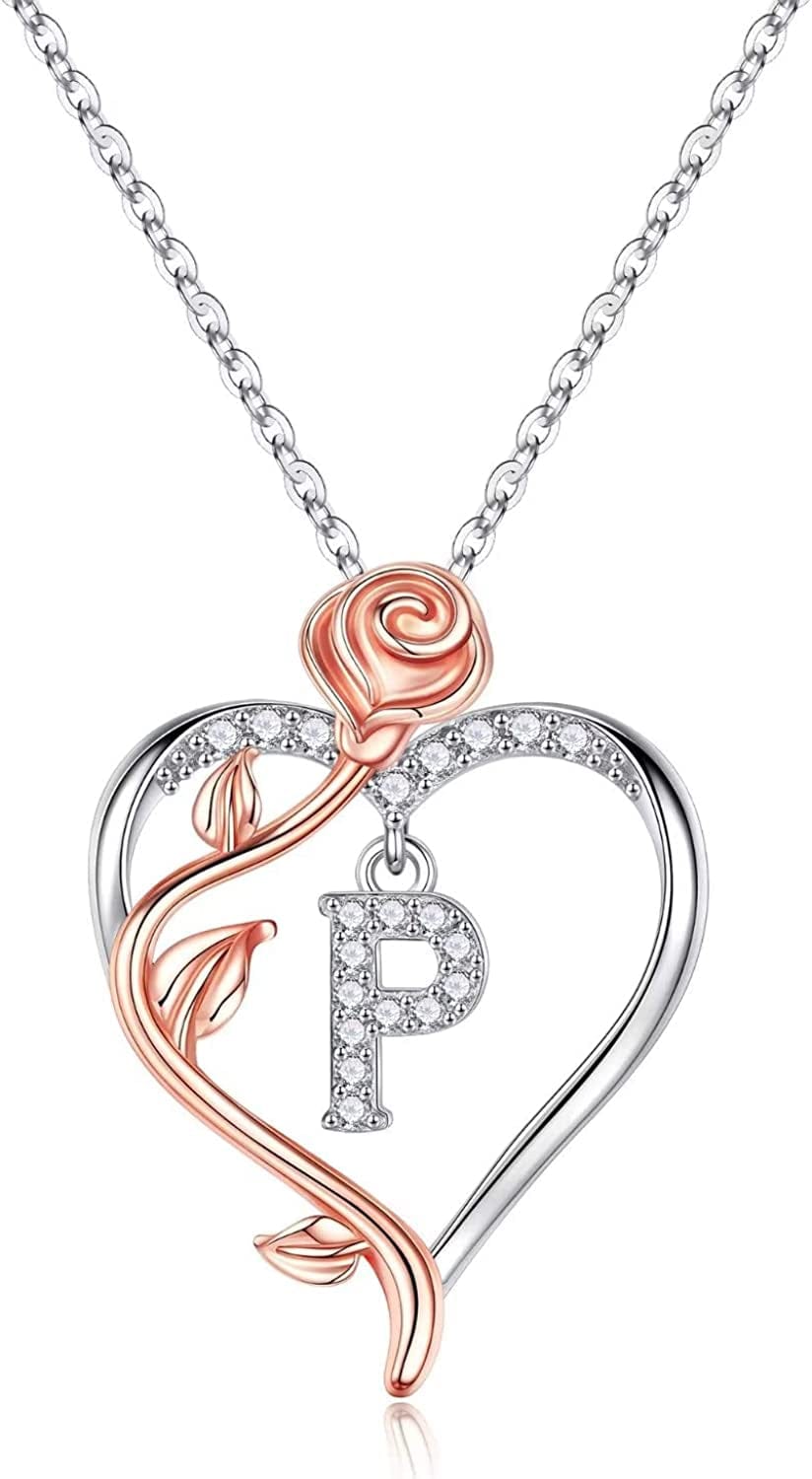 Rose Heart Initial Necklaces Gifts for Women Teen Girls, Rose Love Heart Letter Pendant Necklace Jewelry Mothers Day Valentines Anniversary Birthday Gifts for Her Women Wife Girlfriend Mom P