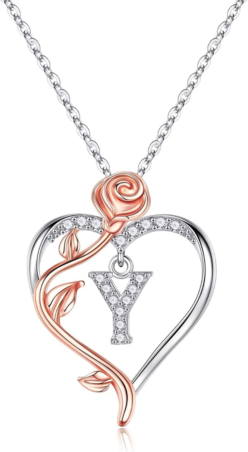 Rose Heart Initial Necklaces Gifts for Women Teen Girls, Rose Love Heart Letter Pendant Necklace Jewelry Mothers Day Valentines Anniversary Birthday Gifts for Her Women Wife Girlfriend Mom Y