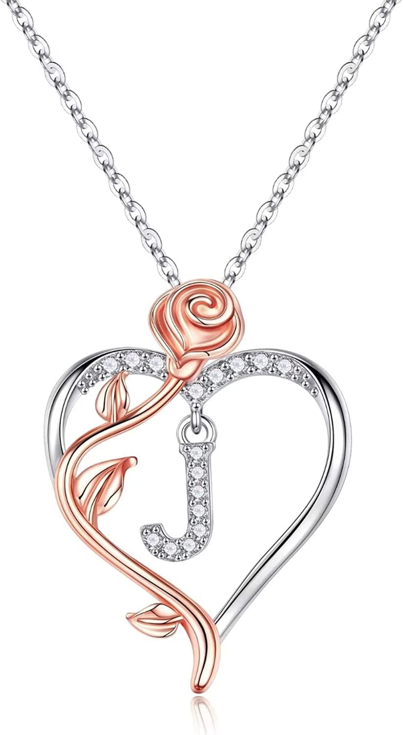 Rose Heart Initial Necklaces Gifts for Women Teen Girls, Rose Love Heart Letter Pendant Necklace Jewelry Mothers Day Valentines Anniversary Birthday Gifts for Her Women Wife Girlfriend Mom J
