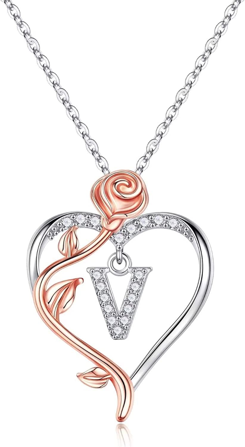Rose Heart Initial Necklaces Gifts for Women Teen Girls, Rose Love Heart Letter Pendant Necklace Jewelry Mothers Day Valentines Anniversary Birthday Gifts for Her Women Wife Girlfriend Mom V