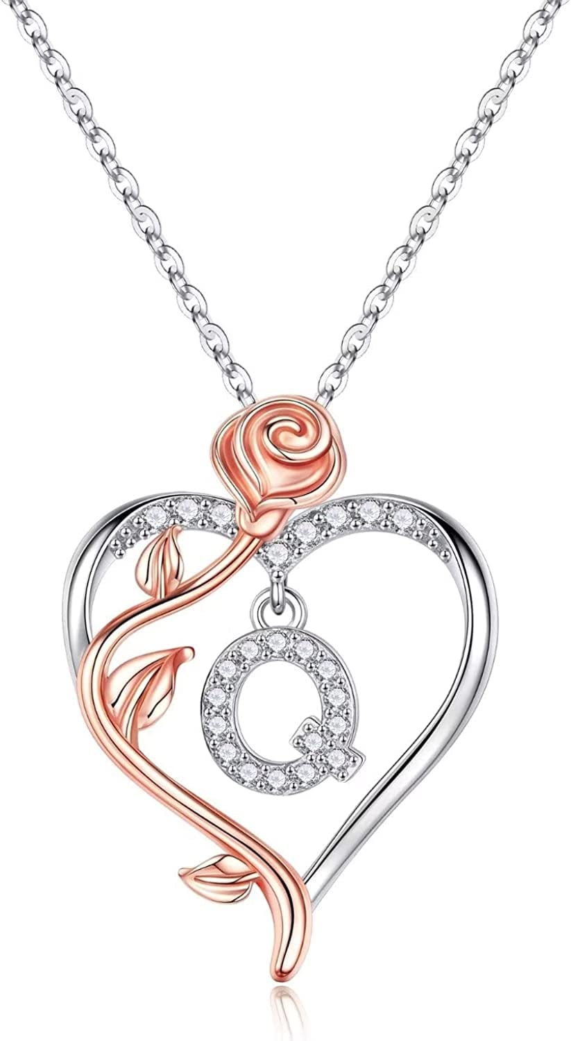 Rose Heart Initial Necklaces Gifts for Women Teen Girls, Rose Love Heart Letter Pendant Necklace Jewelry Mothers Day Valentines Anniversary Birthday Gifts for Her Women Wife Girlfriend Mom Q