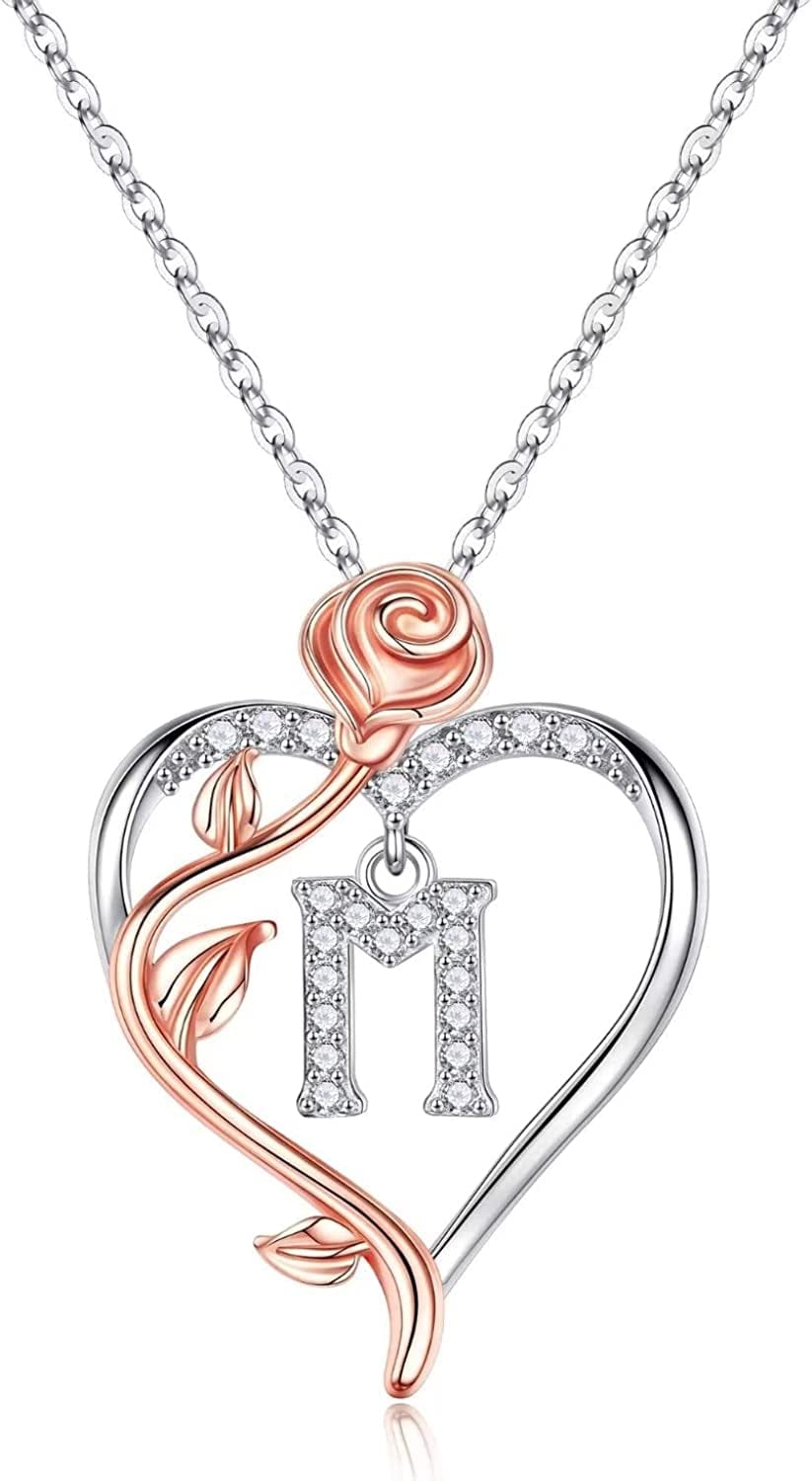 Rose Heart Initial Necklaces Gifts for Women Teen Girls, Rose Love Heart Letter Pendant Necklace Jewelry Mothers Day Valentines Anniversary Birthday Gifts for Her Women Wife Girlfriend Mom M